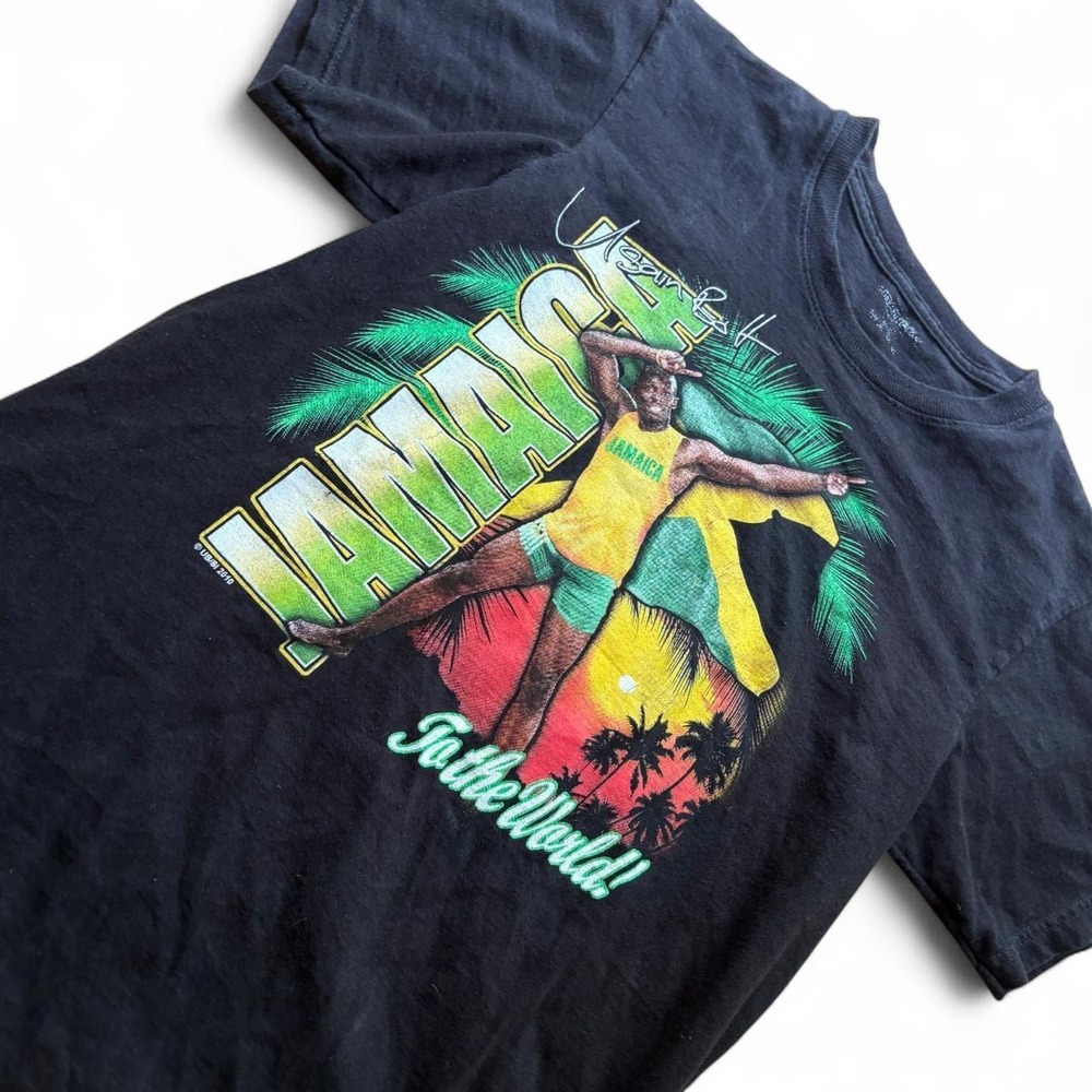 Vintage Usain Bolt Jamaica To The World Graphic T-Shirt Black Mens Small